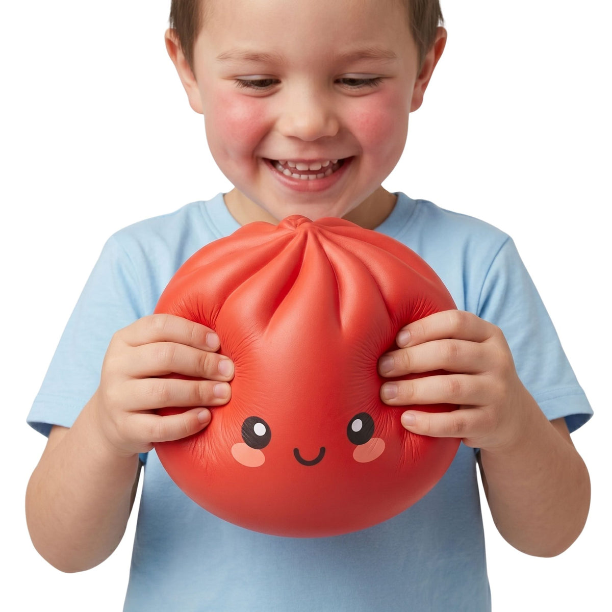 Jucarie Squishy Dumpling Antistres, Revenire Lenta cu Fata Zimbitoare, Termoplastic Inalta Densitate, 25 cm, 1.5 kg, Rosu