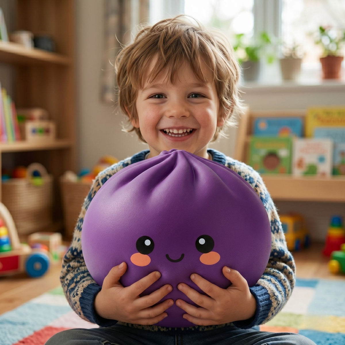 Jucarie Squishy Dumpling Antistres, Revenire Lenta cu Fata Zimbitoare, Termoplastic, 25 cm, 1.5 kg, Mov