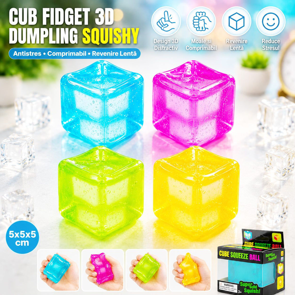 Jucarie Squishy Antistres, Cub Fidget Comprimabil cu Revenire, Termoplastic, Model Cub De Gheata Transparent, 5x5x5 cm, Roz