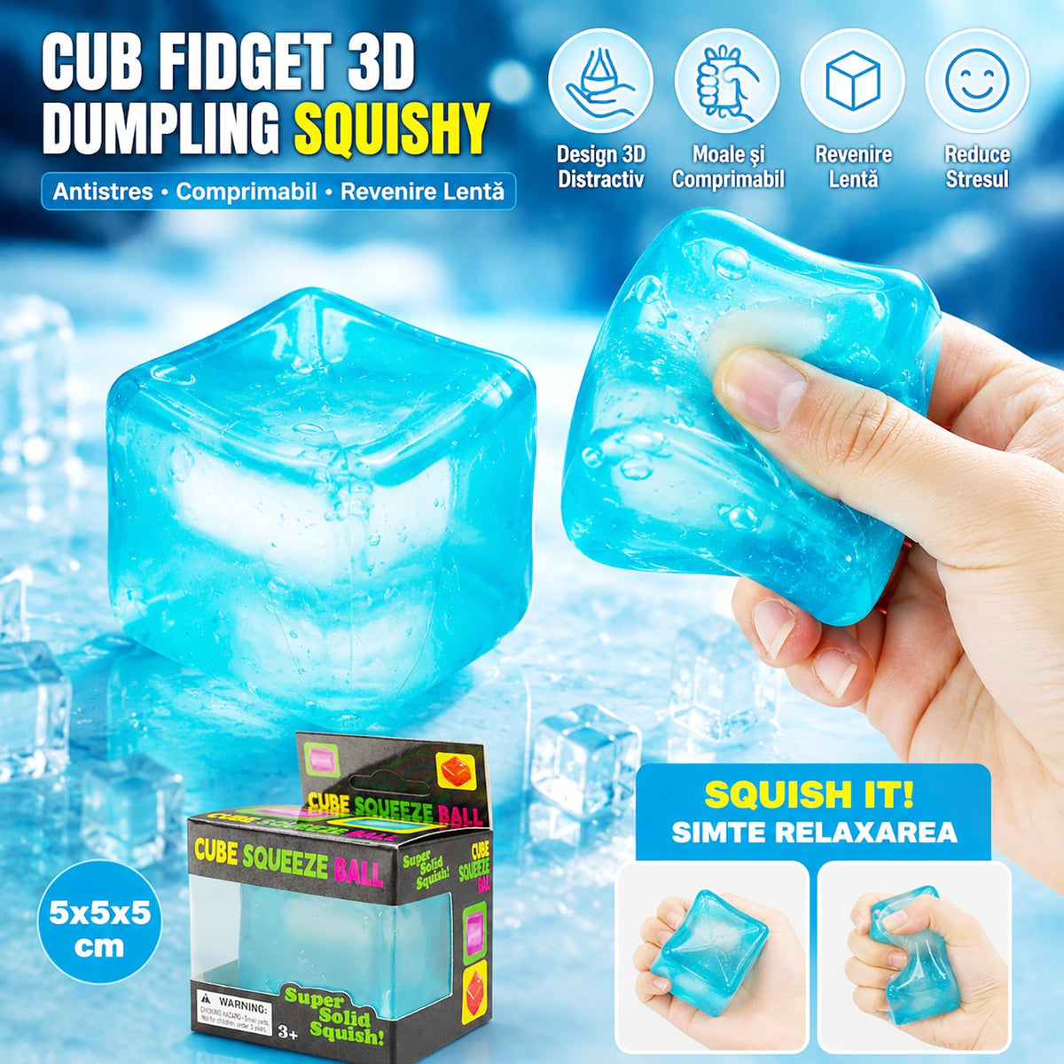 Jucarie Squishy Antistres, Cub Fidget Comprimabil cu Revenire, Termoplastic Transparent, 5x5x5 cm, Albastru