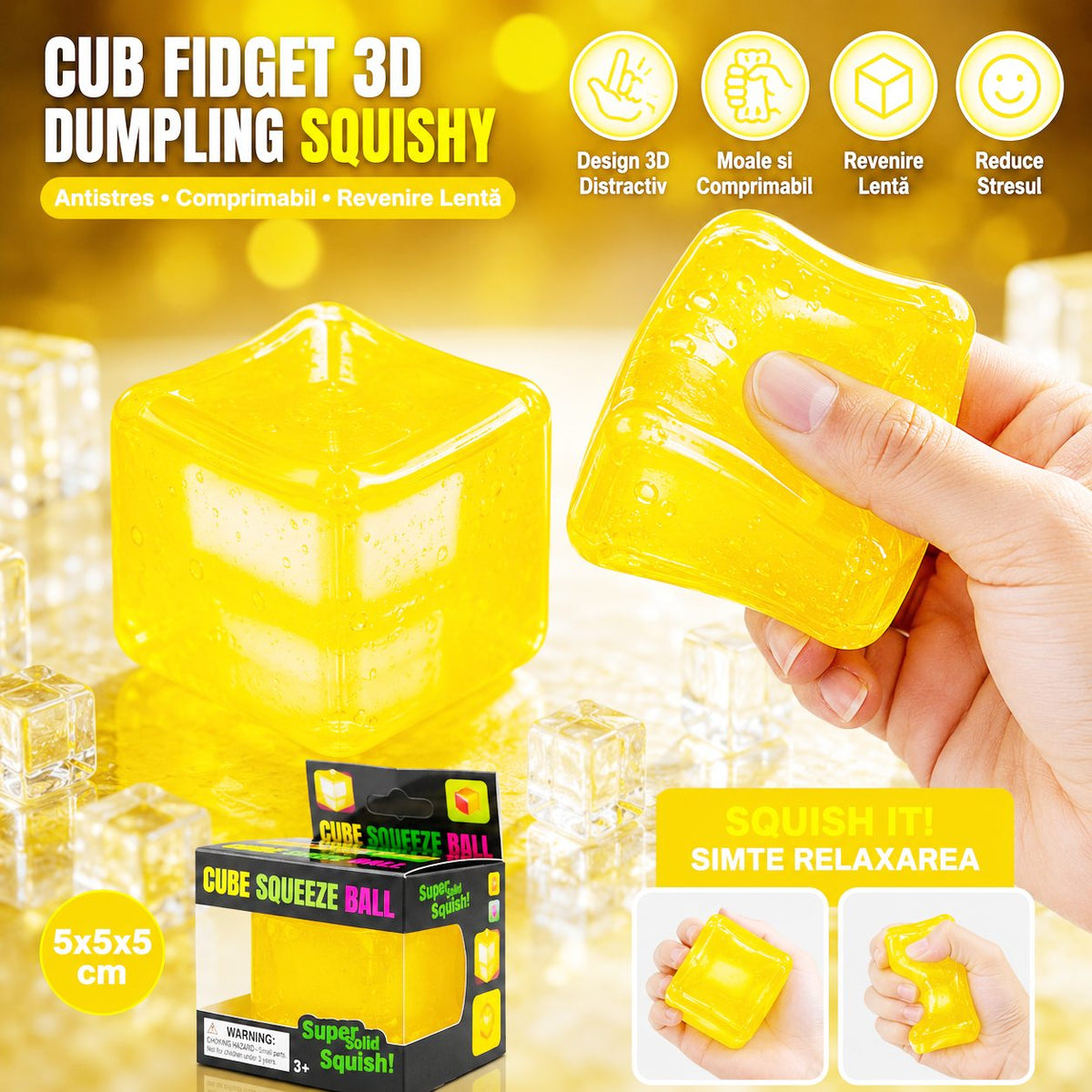 Jucarie Squishy Antistres, Cub Fidget Senzorial Comprimabil, Termoplastic Transparent, 5x5x5 cm, Galben