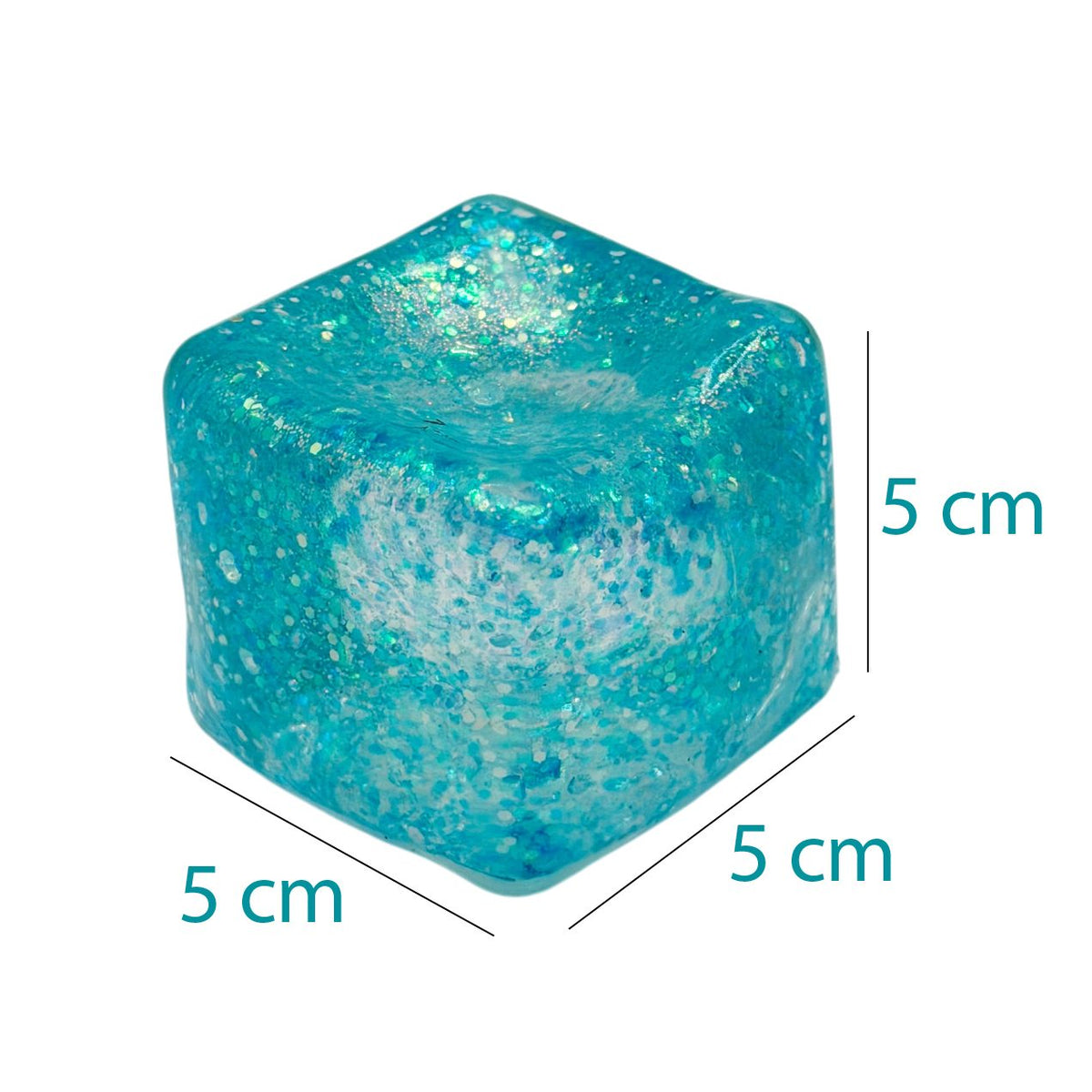 Jucarie Squishy Antistres, Model Cub De Gheata Cu Sclipici, Termoplastic Comprimabil, 5x5x5 cm, 120 g, Culori Random