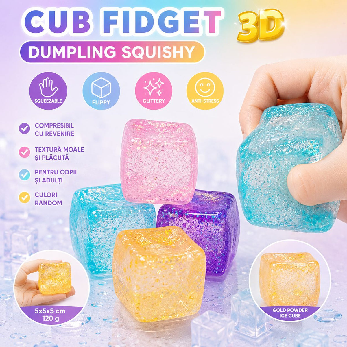 Jucarie Squishy Antistres, Model Cub De Gheata Cu Sclipici, Termoplastic Comprimabil, 5x5x5 cm, 120 g, Culori Random