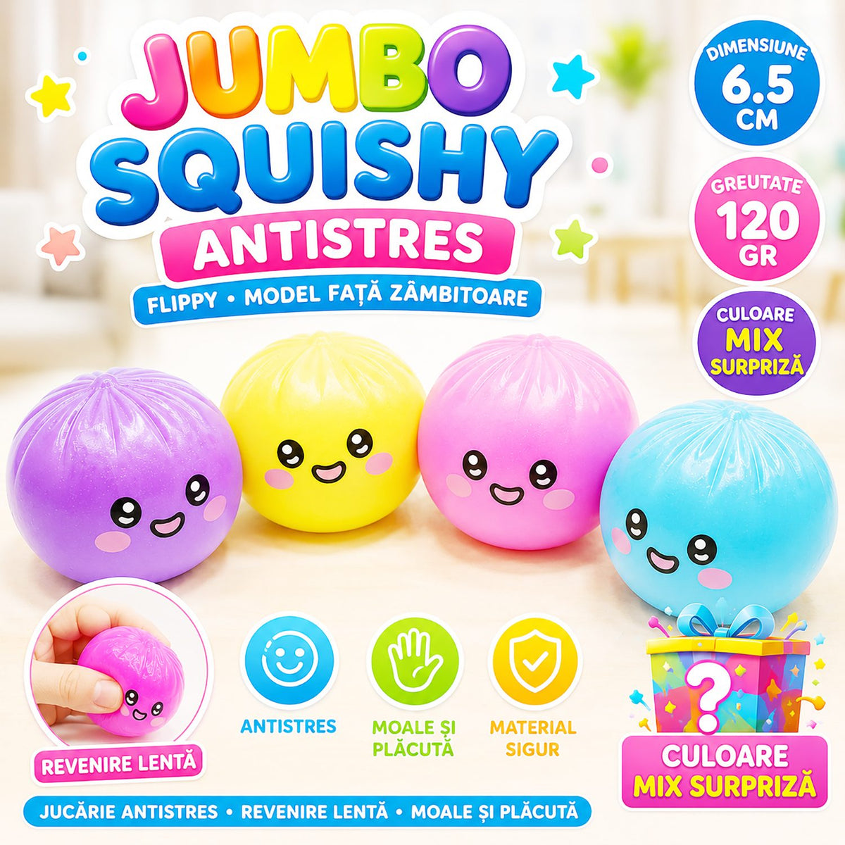 Jucarie Squishy Antistres Dumpling, Model Fata Zambitoare Crystal Emoji, Material Termoplastic, 6.5 cm, Culoare Mix Surpriza