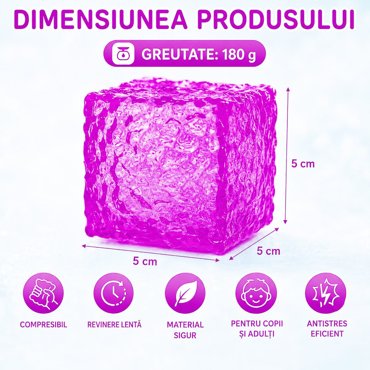 Jucarie Squishy Antistres, Cub Fidget Senzorial cu Striatii, Termoplastic, 5x5x5 cm, Mov
