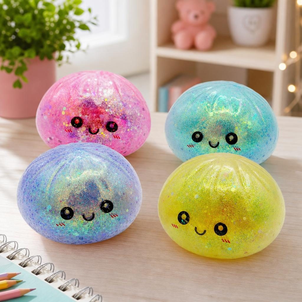 Minge Antistres Squishy, Design Kawaii cu Sclipici, Silicon Transparent, Set 4 Bucati, Multicolor