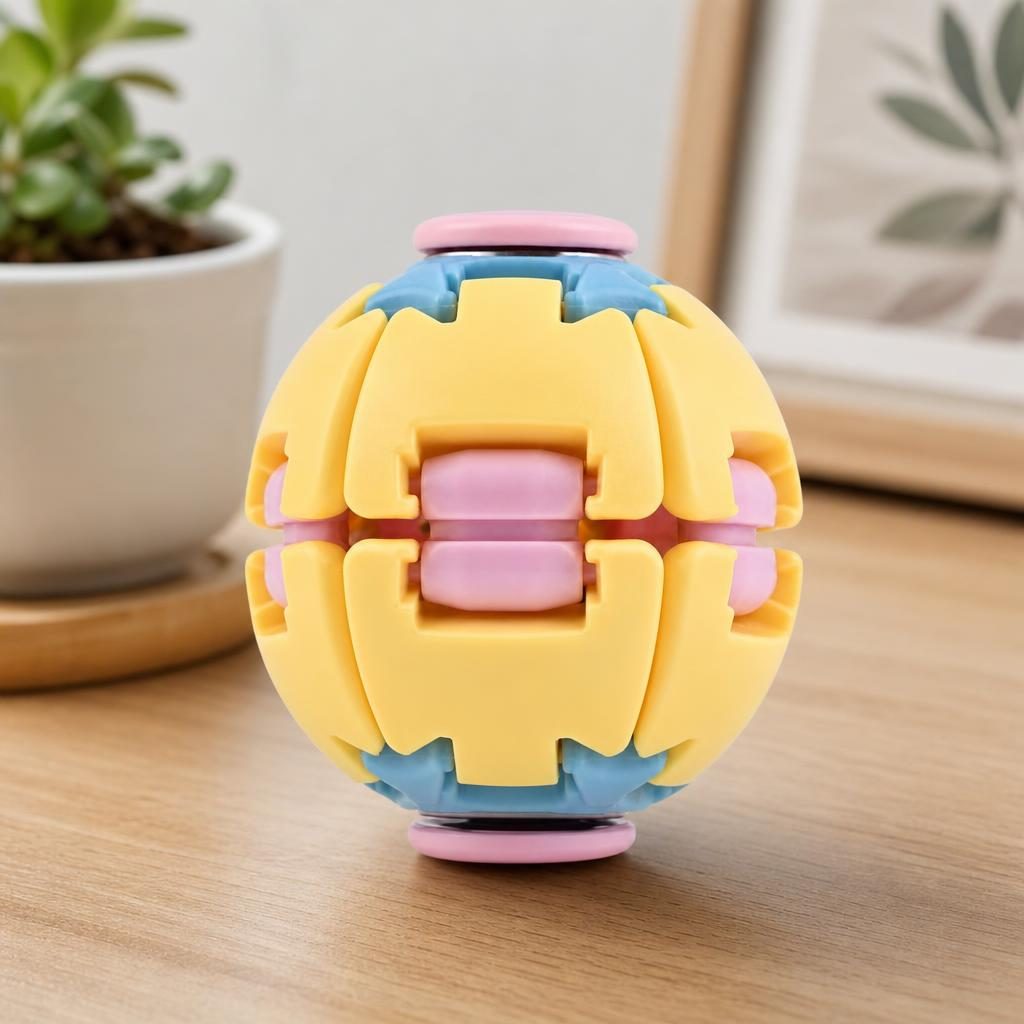 Jucarie Antistres Rotativa, Model Minge Push and Spin, Structura 3D Interactiva, Plastic ABS, 6.3 cm, Galben si Roz
