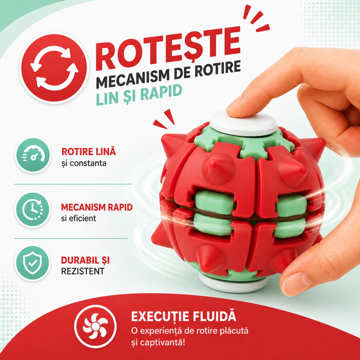Jucarie Antistres Push And Spin, Structura 3D Interactiva, Plastic ABS, 6.3 cm, Rosu si Verde