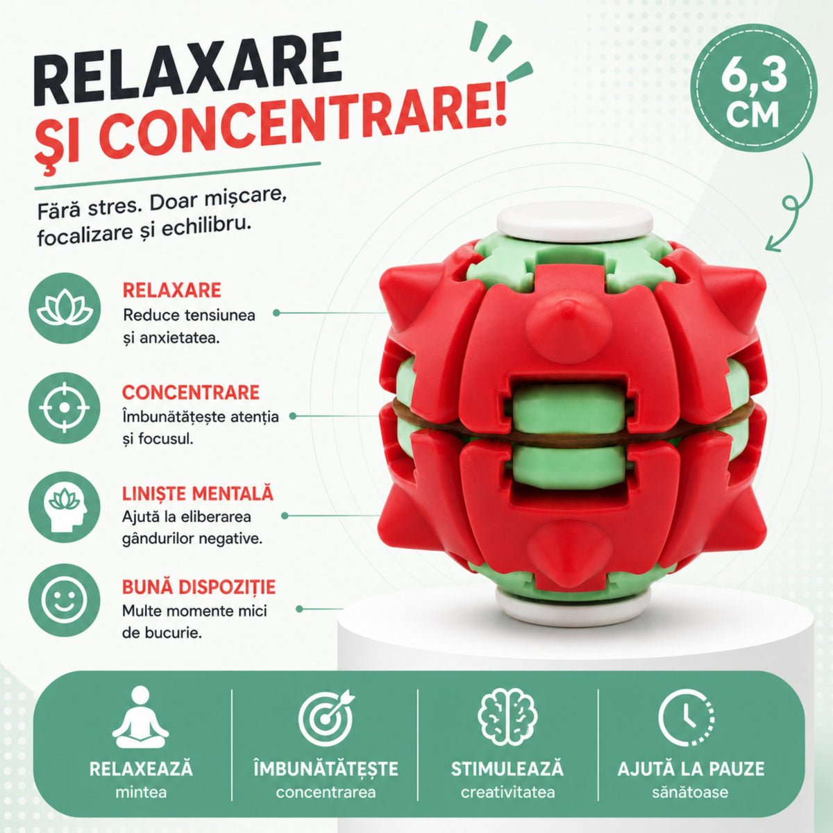 Jucarie Antistres Push And Spin, Structura 3D Interactiva, Plastic ABS, 6.3 cm, Rosu si Verde