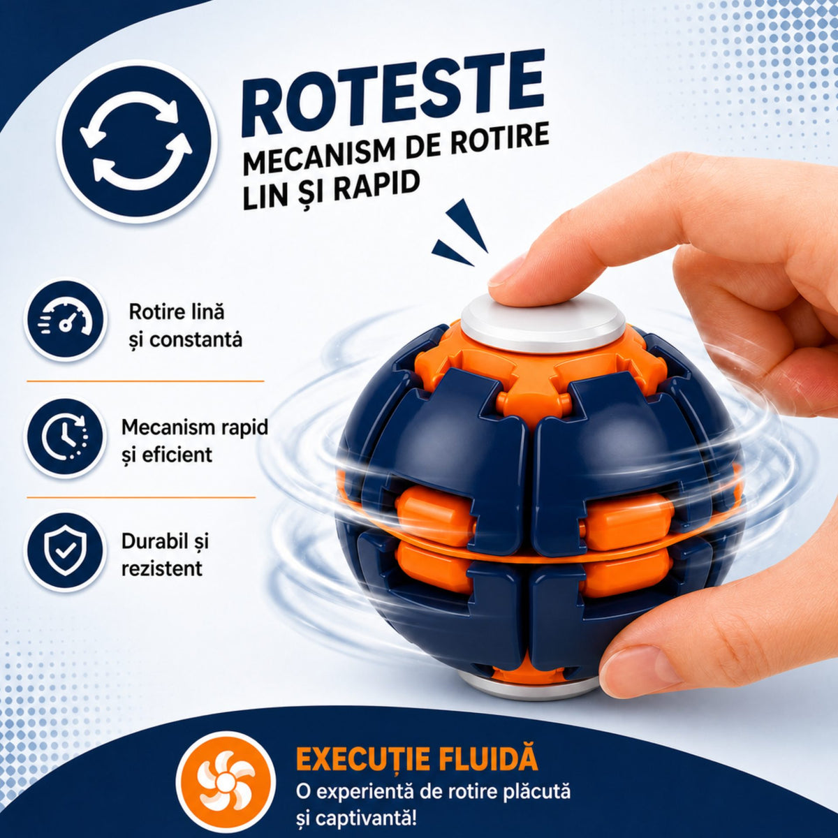 Jucarie Antistres Rotativa Push and Spin, Structura 3D Interactiva, Plastic ABS, 6.3 cm, Navy
