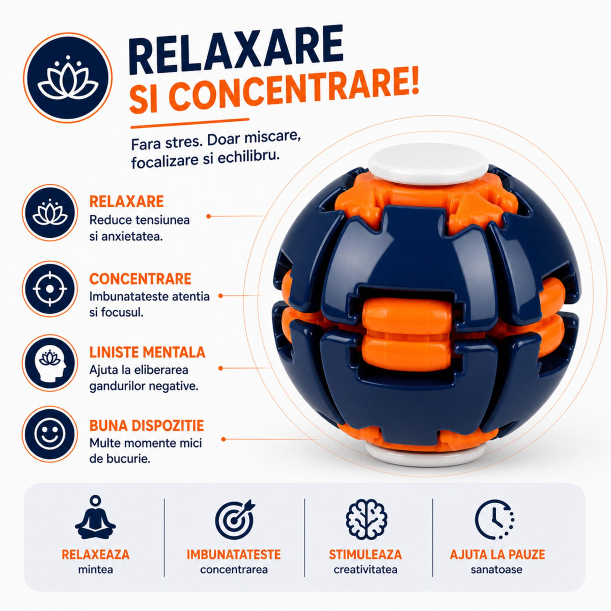Jucarie Antistres Rotativa Push and Spin, Structura 3D Interactiva, Plastic ABS, 6.3 cm, Navy
