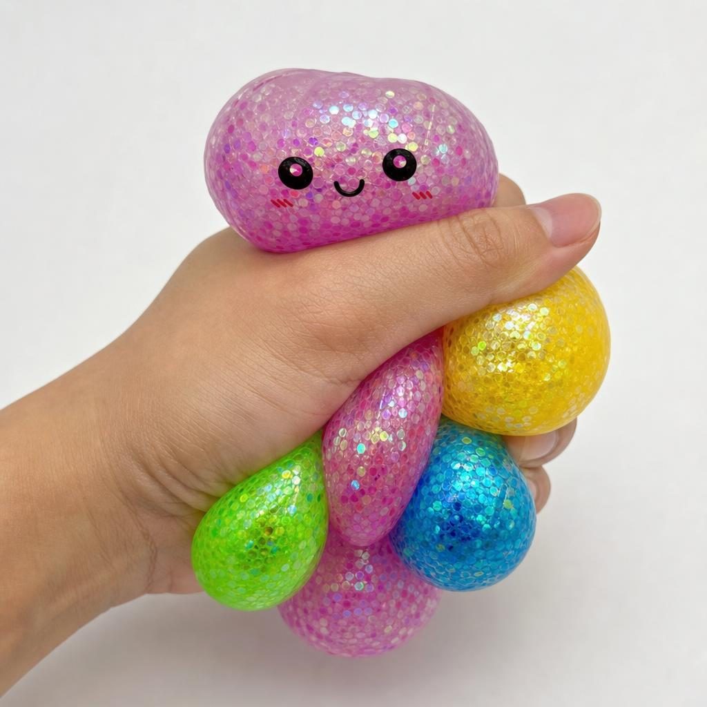 Squishy Dumpling Antistres, Fata Zambitoare cu Sclipici si Bile de Hidrogen, Revenire Lenta, Termoplastic, 5.5 x 5.5 x 5.5 cm, Culoare Mix