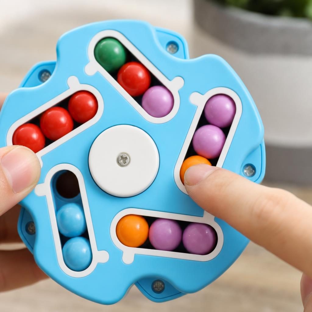 Jucarie Senzoriala Antistres Magic Bean, Model Stea cu Bile Glisante si Rotire 360, Plastic, Albastru