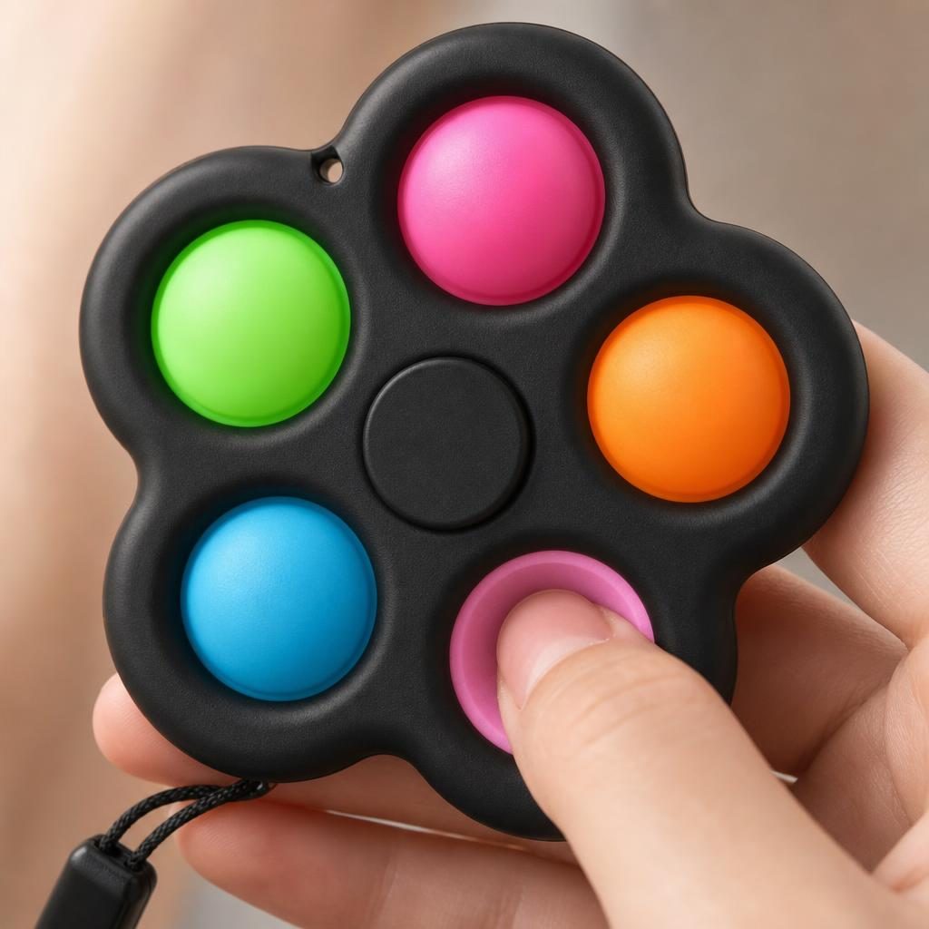 Jucarie Antistres Simple Dimple, Spinner Senzorial cu 5 Bule Pop It, Plastic si Silicon, cu Snur de Prindere, Multicolor