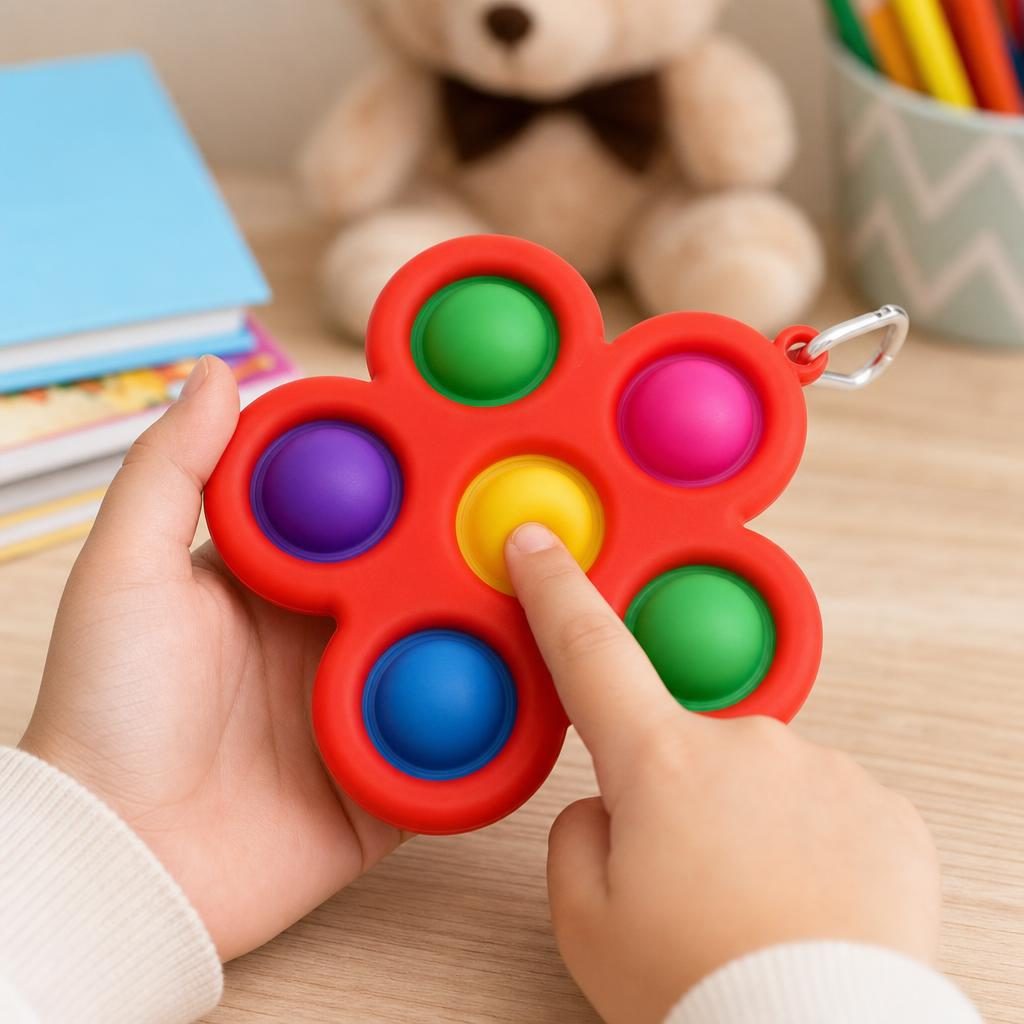 Jucarie Push Pop Bubble Fidget, Breloc Antistres, Forma Floare, Silicon, Multicolor Rosu