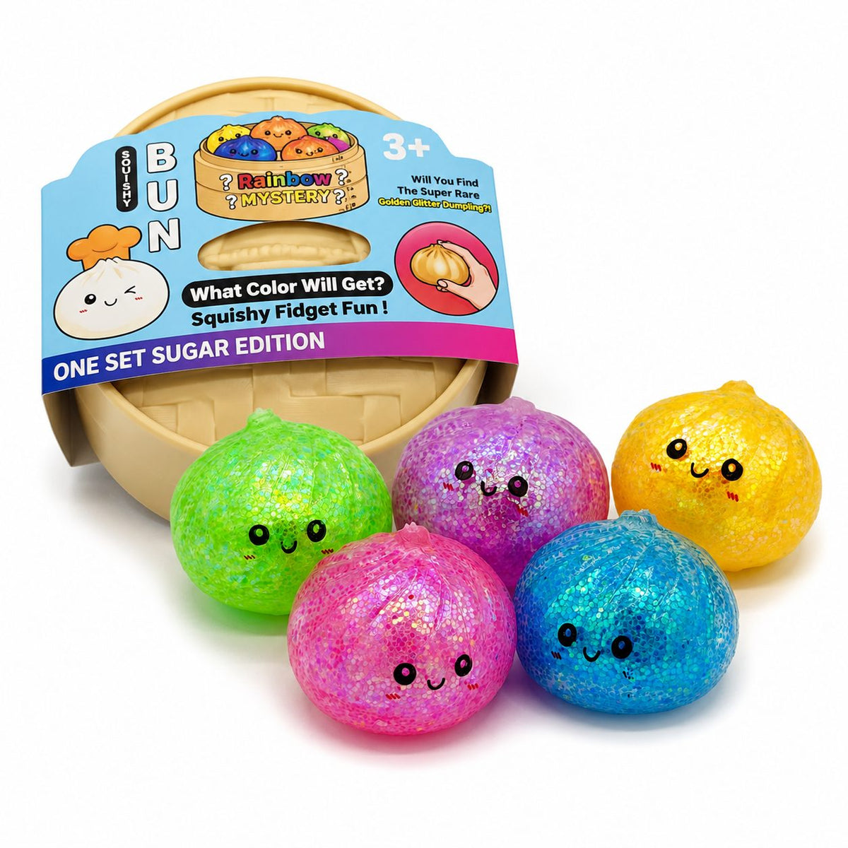 Squishy Dumpling Antistres, Fata Zambitoare cu Sclipici si Bile de Hidrogen, Revenire Lenta, Termoplastic, 5.5 x 5.5 x 5.5 cm, Culoare Mix
