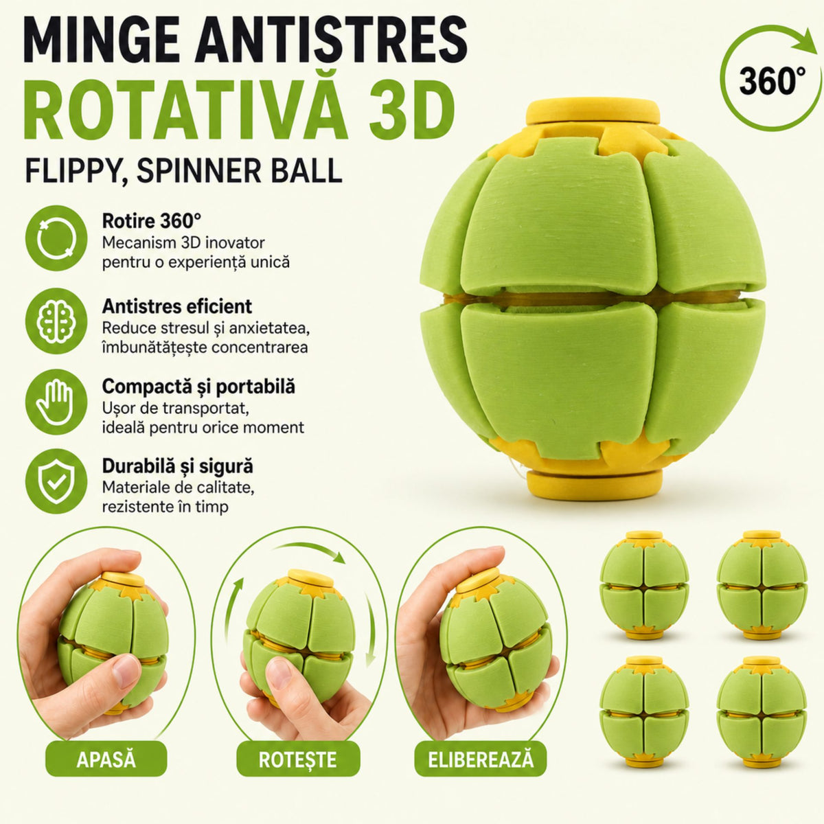Minge Senzorială Antistres, Sistem Rotire 3D Tip Fidget Spinner, Plastic, Verde/Galben, 6.5 cm
