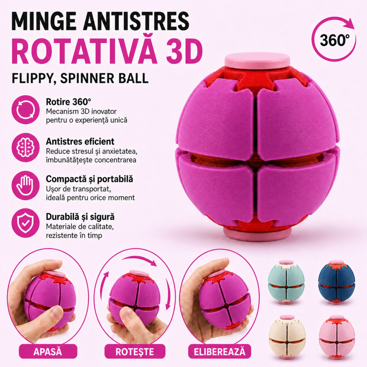 Minge Senzorială Antistres Rotativă 3D, Design Interactiv Tip Fidget Spinner, Plastic, 6,5 x 6,5 x 6,5 cm, Fucsia