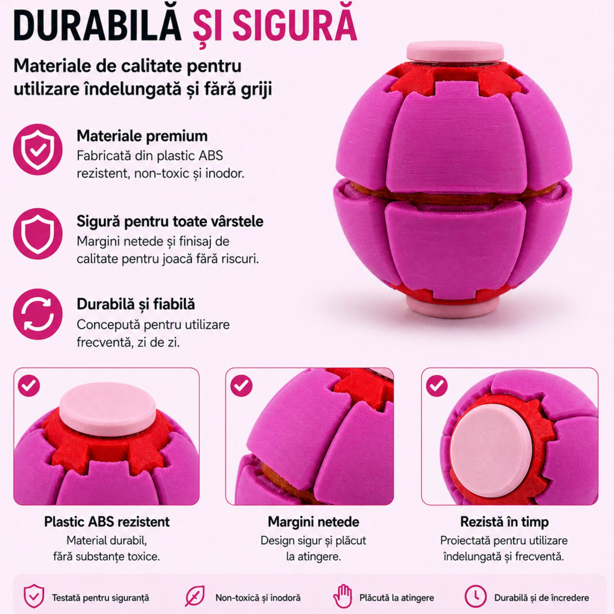 Minge Senzorială Antistres Rotativă 3D, Design Interactiv Tip Fidget Spinner, Plastic, 6,5 x 6,5 x 6,5 cm, Fucsia
