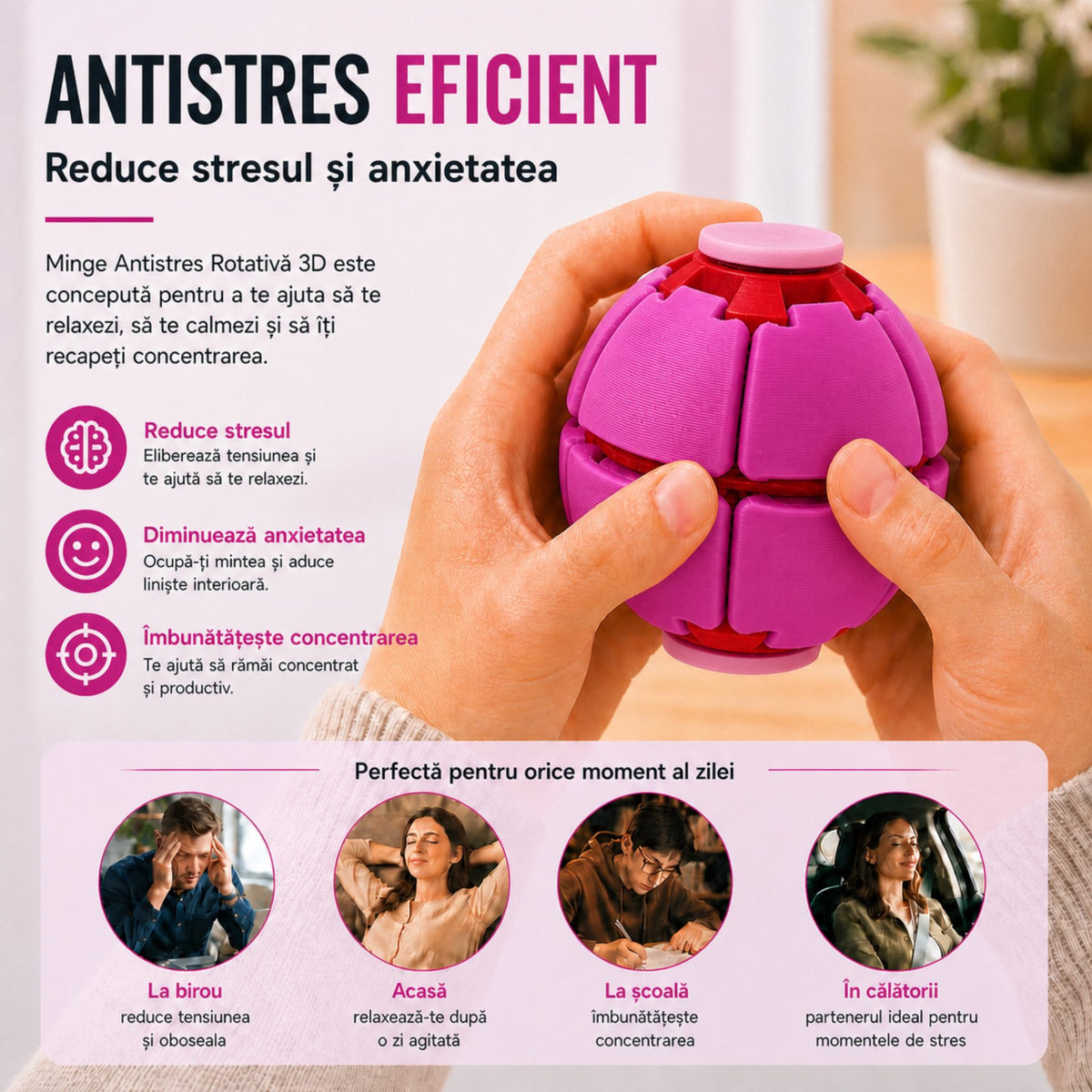 Minge Senzorială Antistres Rotativă 3D, Design Interactiv Tip Fidget Spinner, Plastic, 6,5 x 6,5 x 6,5 cm, Fucsia