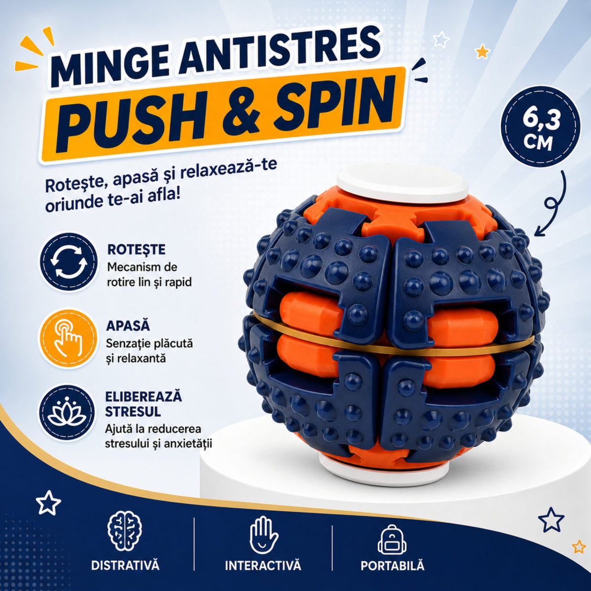 Jucărie Antistres Rotativă, Model Push And Spin cu Structură 3D Interactivă, Plastic ABS, 6.3 cm, Navy