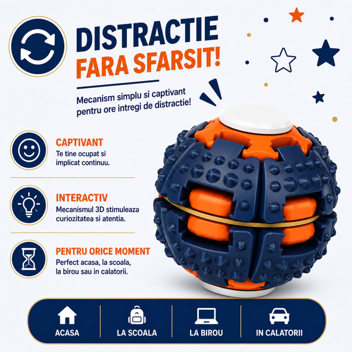 Jucărie Antistres Rotativă, Model Push And Spin cu Structură 3D Interactivă, Plastic ABS, 6.3 cm, Navy
