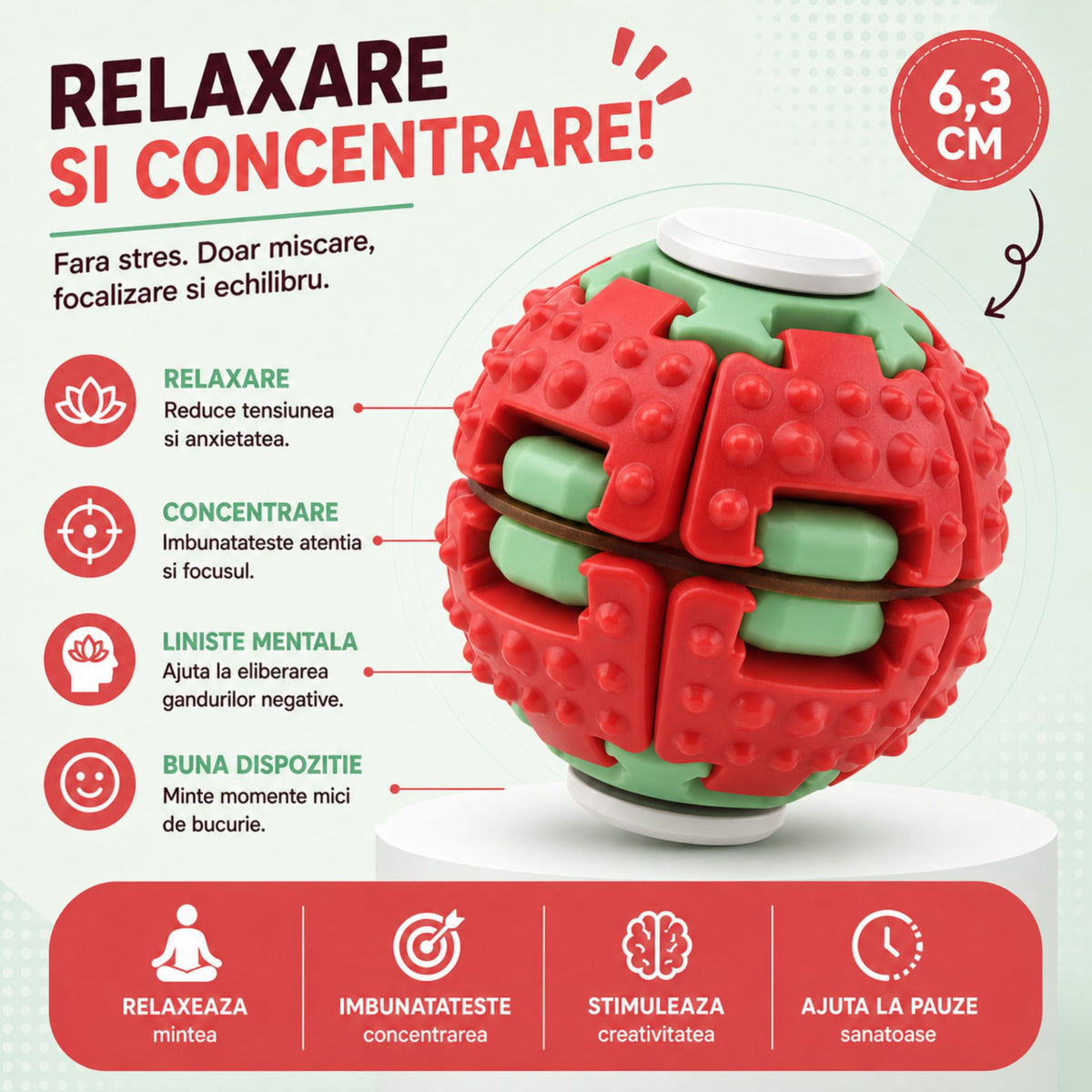 Jucarie Antistres Rotativa, Minge Push and Spin cu Structura 3D Interactiva, Plastic ABS, 6.3 cm, Rosu
