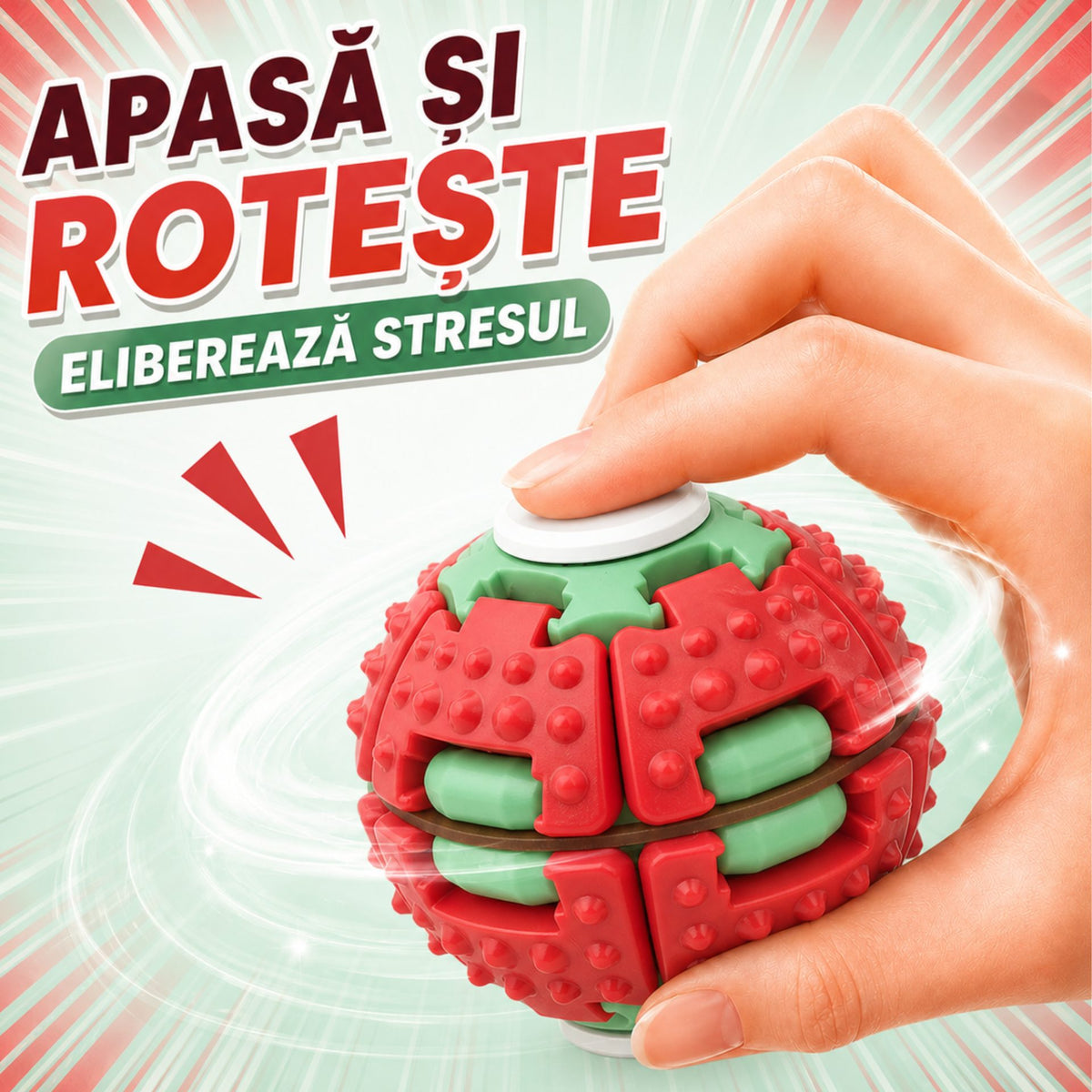 Jucarie Antistres Rotativa, Minge Push and Spin cu Structura 3D Interactiva, Plastic ABS, 6.3 cm, Rosu