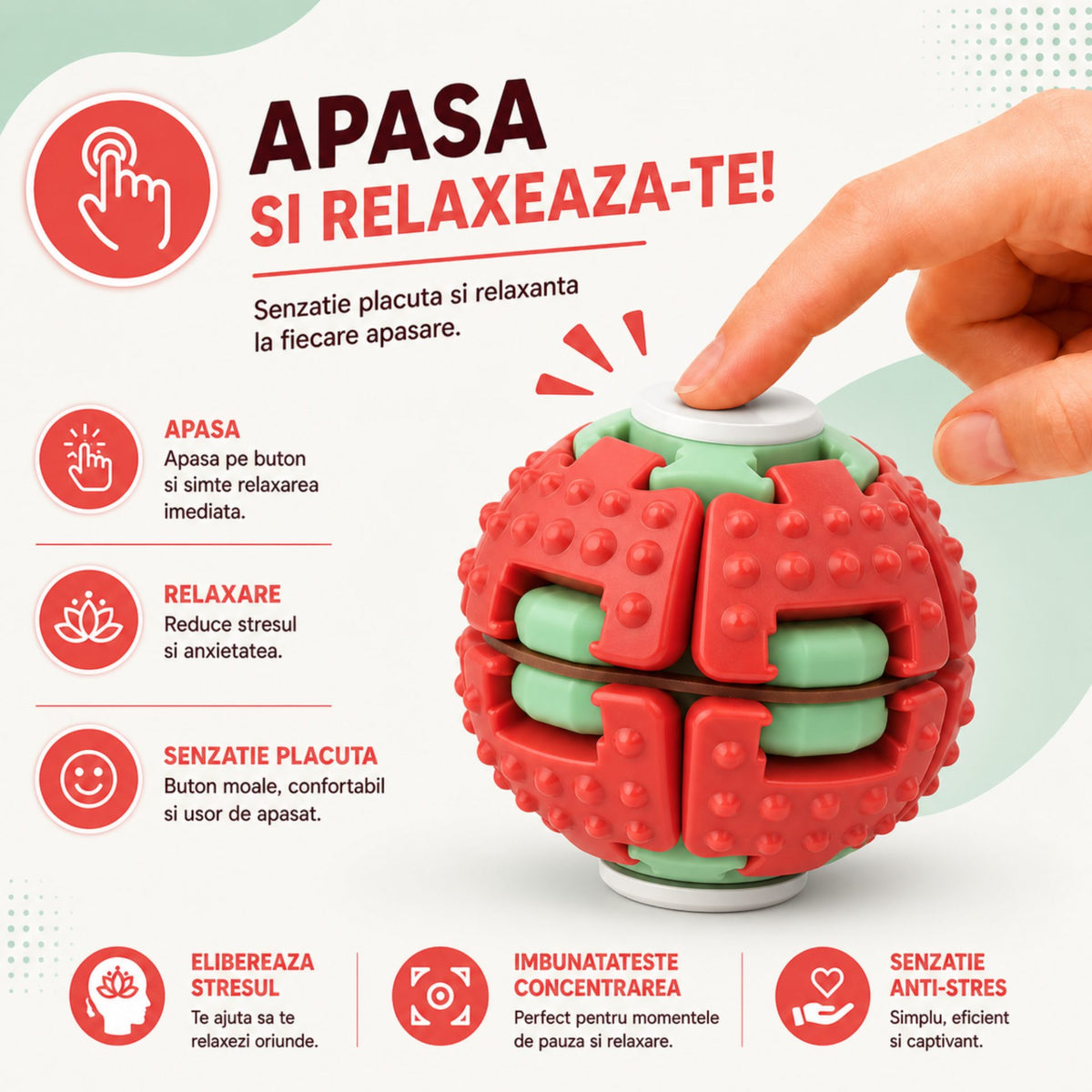 Jucarie Antistres Rotativa, Minge Push and Spin cu Structura 3D Interactiva, Plastic ABS, 6.3 cm, Rosu