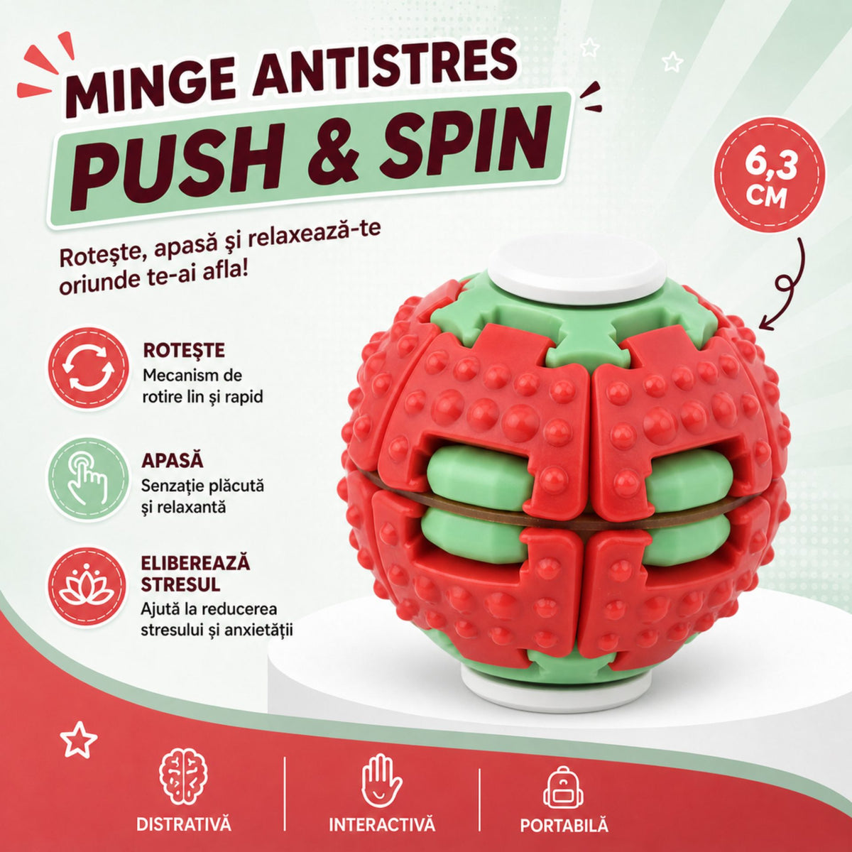 Jucarie Antistres Rotativa, Minge Push and Spin cu Structura 3D Interactiva, Plastic ABS, 6.3 cm, Rosu