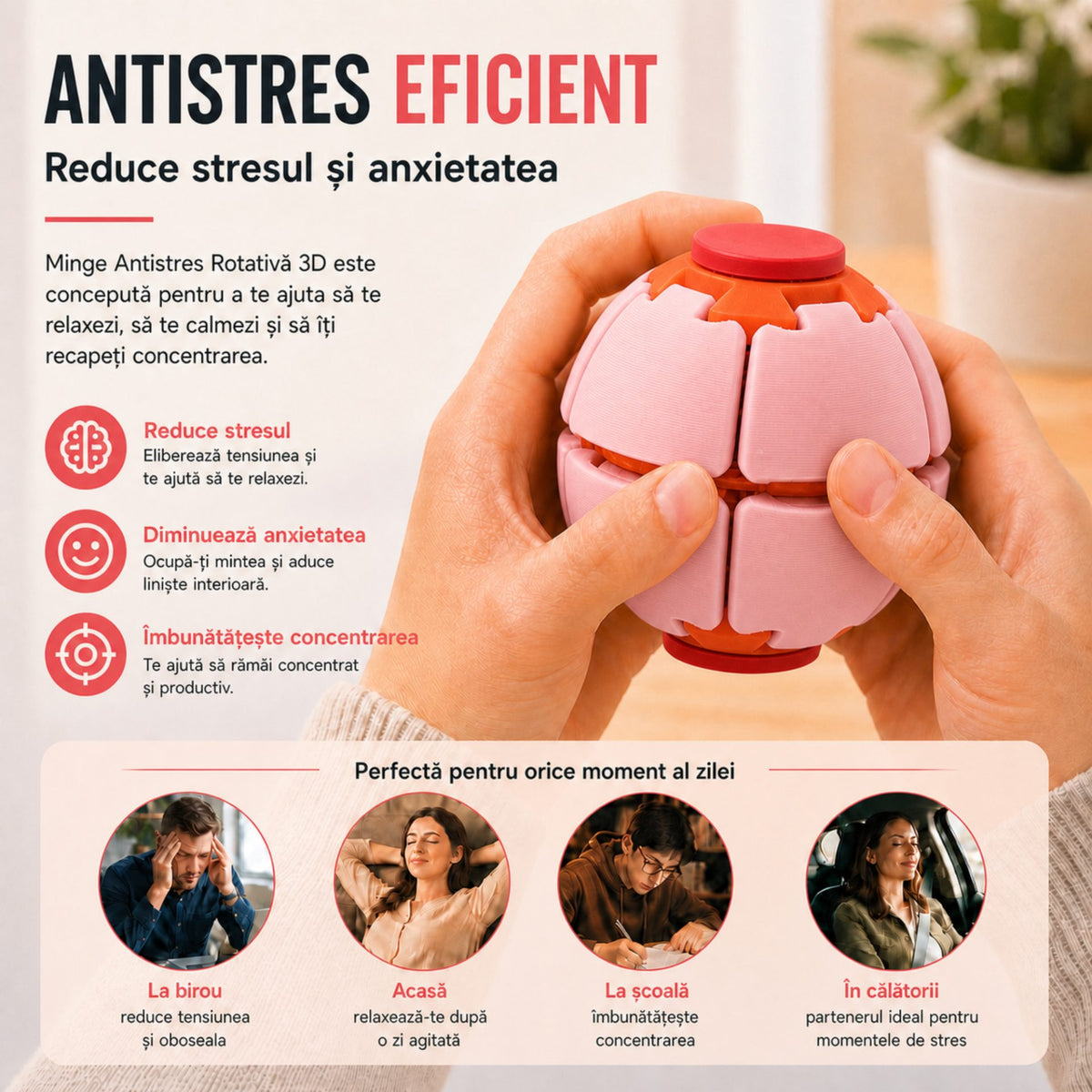 Minge Senzorială Antistres, Design Rotativ 3D Interactiv, Plastic, Roz, 6.5 x 6.5 x 6.5 cm
