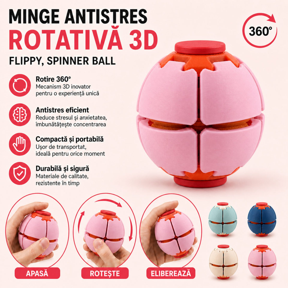 Minge Senzorială Antistres, Design Rotativ 3D Interactiv, Plastic, Roz, 6.5 x 6.5 x 6.5 cm