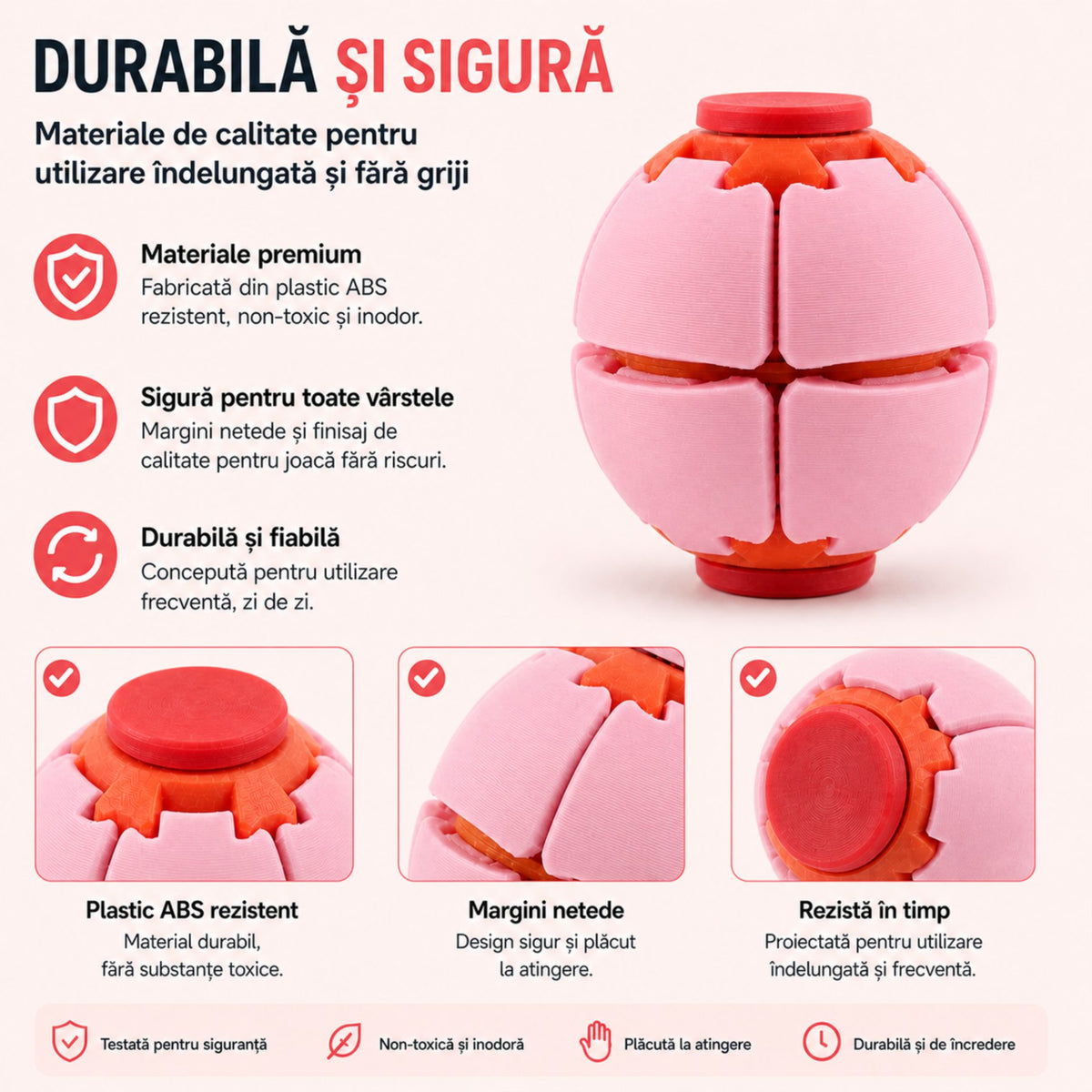Minge Senzorială Antistres, Design Rotativ 3D Interactiv, Plastic, Roz, 6.5 x 6.5 x 6.5 cm