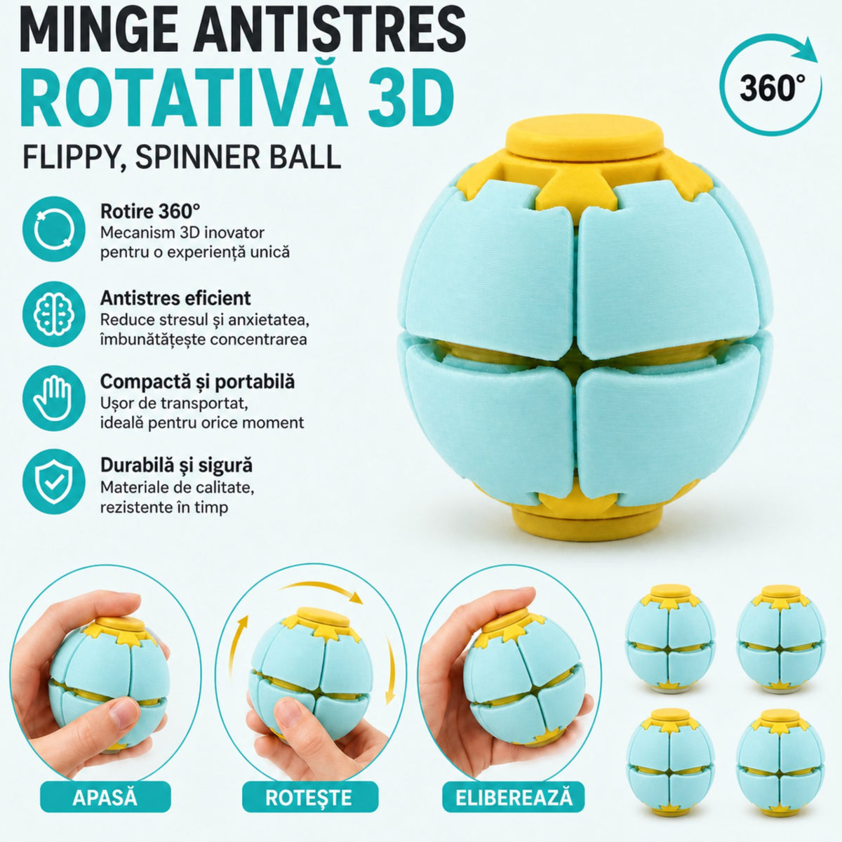 Minge Senzorială Antistres, Sistem Rotativ 3D Interactiv, Plastic, Albastru Pastel, 6.5 x 6.5 x 6.5 cm