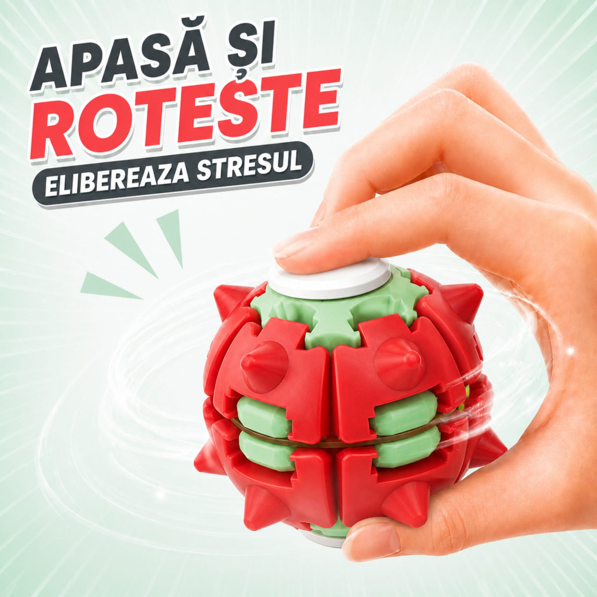 Jucarie Antistres Push And Spin, Structura 3D Interactiva, Plastic ABS, 6.3 cm, Rosu si Verde