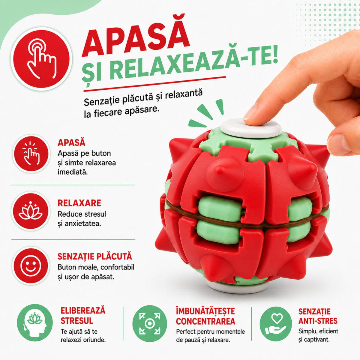 Jucarie Antistres Push And Spin, Structura 3D Interactiva, Plastic ABS, 6.3 cm, Rosu si Verde