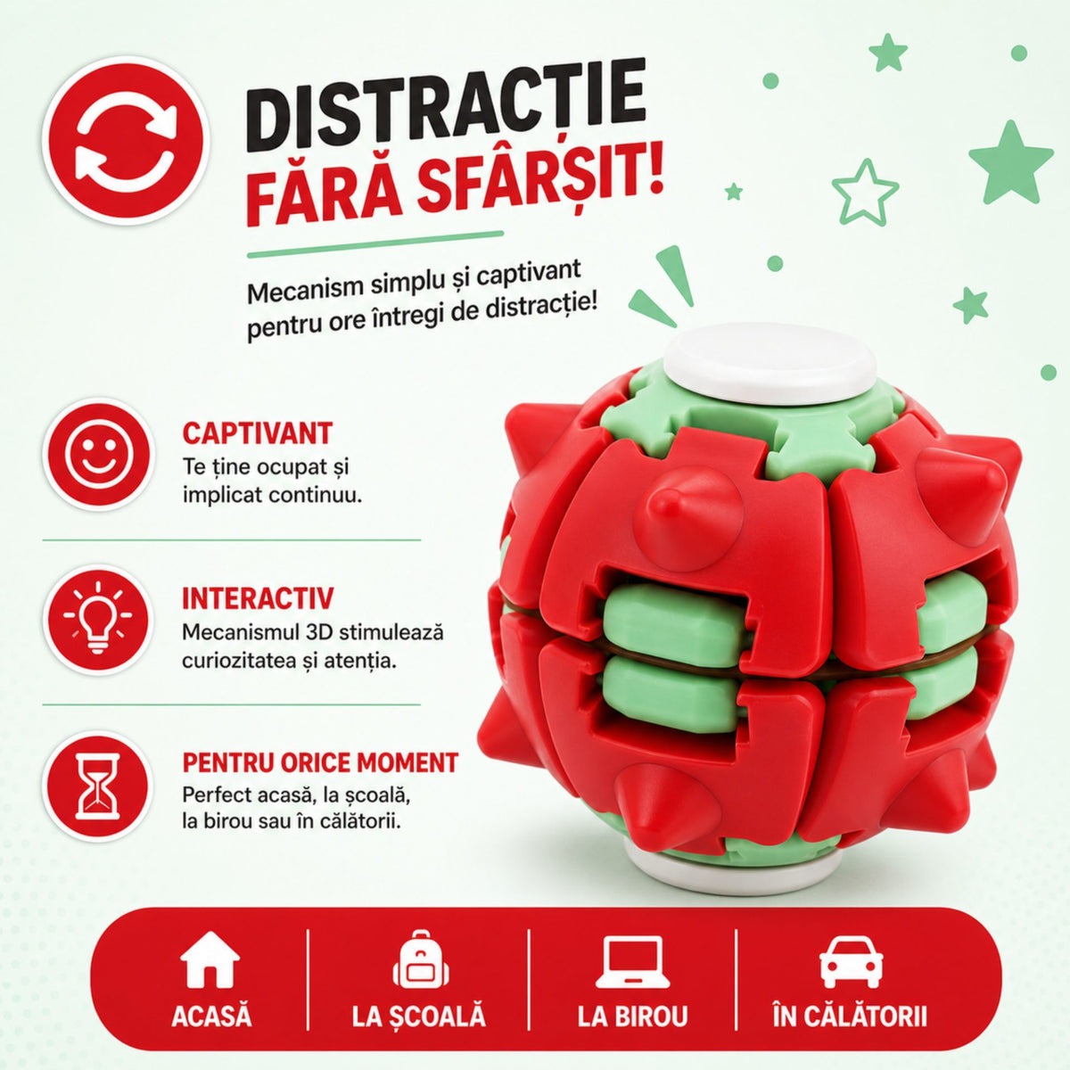 Jucarie Antistres Push And Spin, Structura 3D Interactiva, Plastic ABS, 6.3 cm, Rosu si Verde