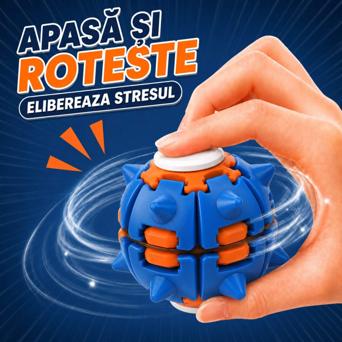 Jucarie Antistres Push And Spin, Structura 3D Interactiva, Plastic ABS, 6.3 cm, Albastru Inchis si Portocaliu