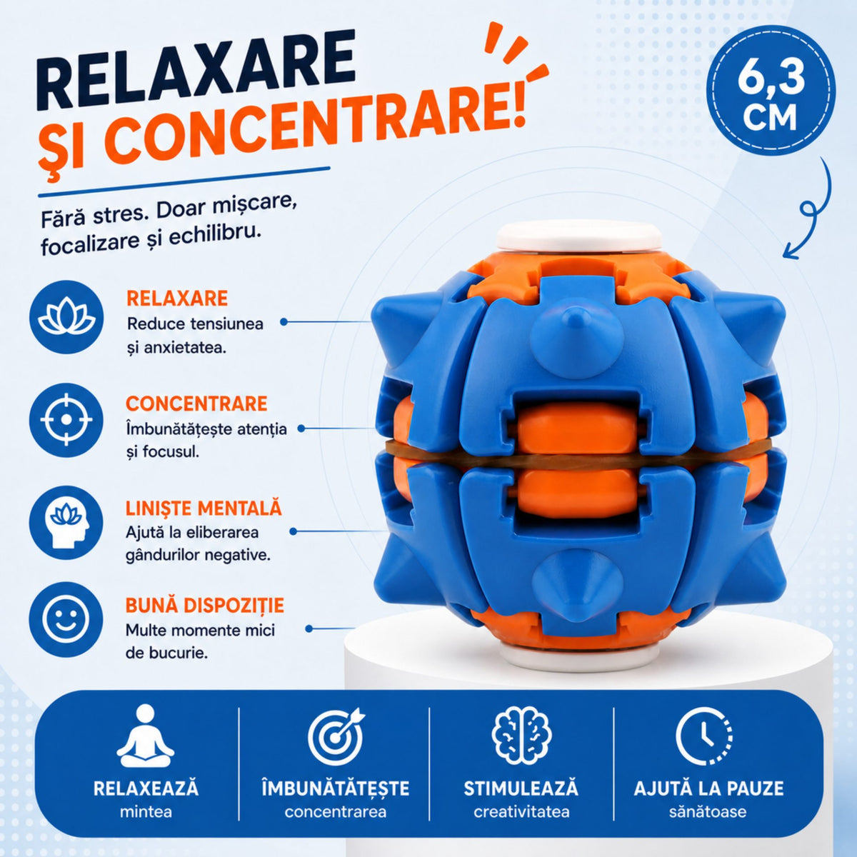 Jucarie Antistres Push And Spin, Structura 3D Interactiva, Plastic ABS, 6.3 cm, Albastru Inchis si Portocaliu