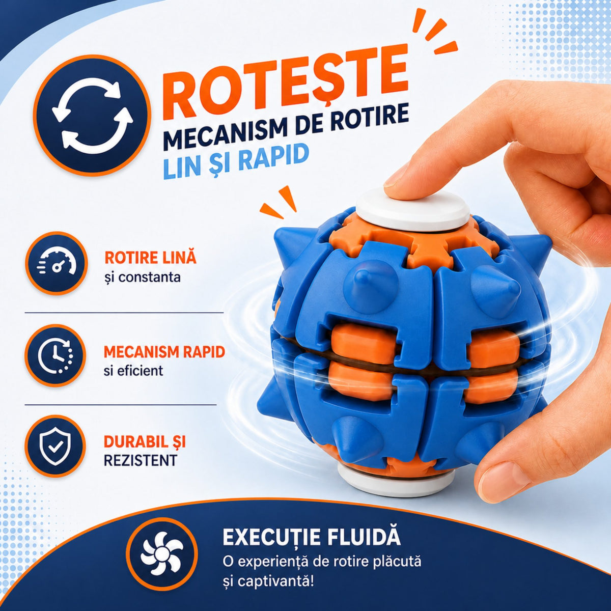 Jucarie Antistres Push And Spin, Structura 3D Interactiva, Plastic ABS, 6.3 cm, Albastru Inchis si Portocaliu