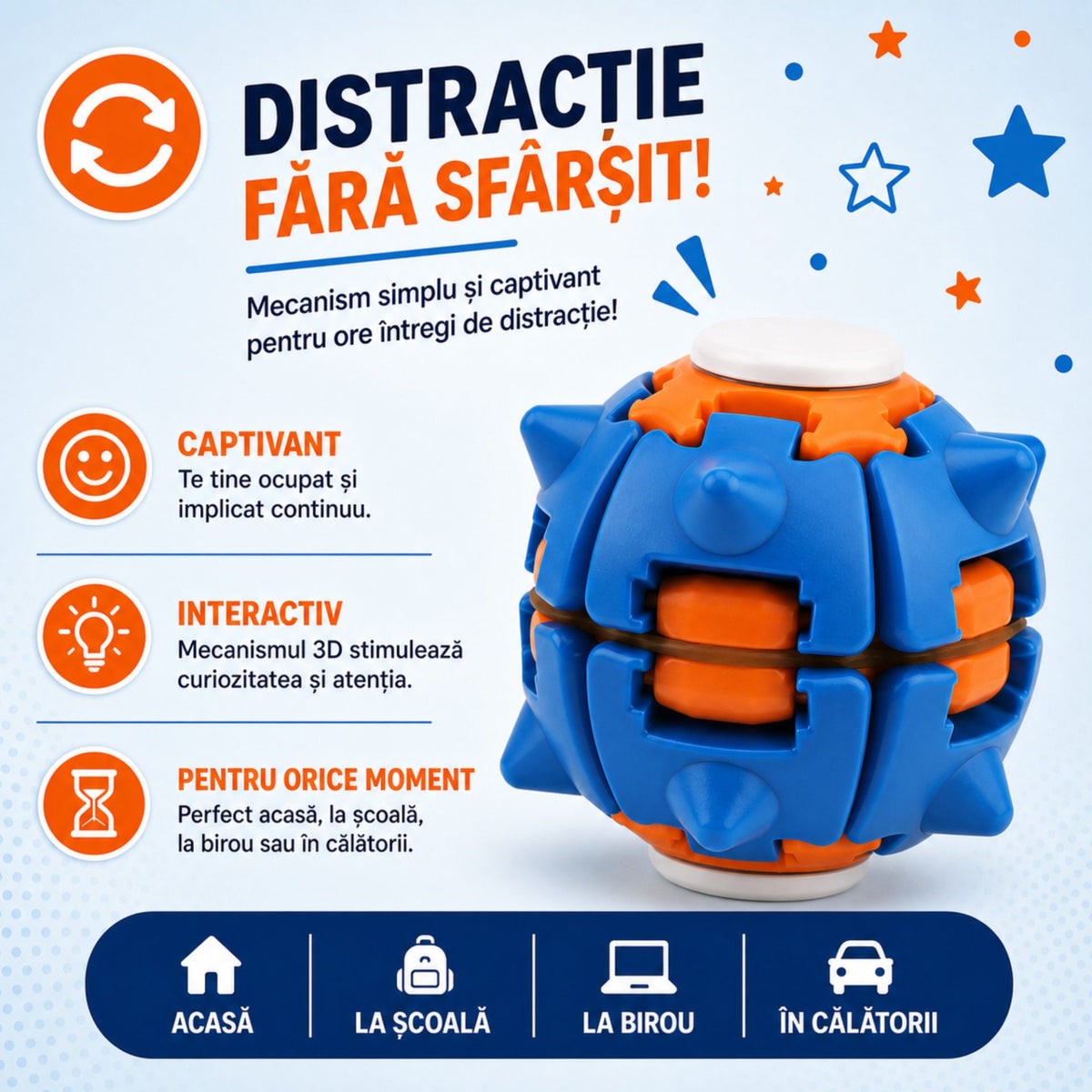 Jucarie Antistres Push And Spin, Structura 3D Interactiva, Plastic ABS, 6.3 cm, Albastru Inchis si Portocaliu