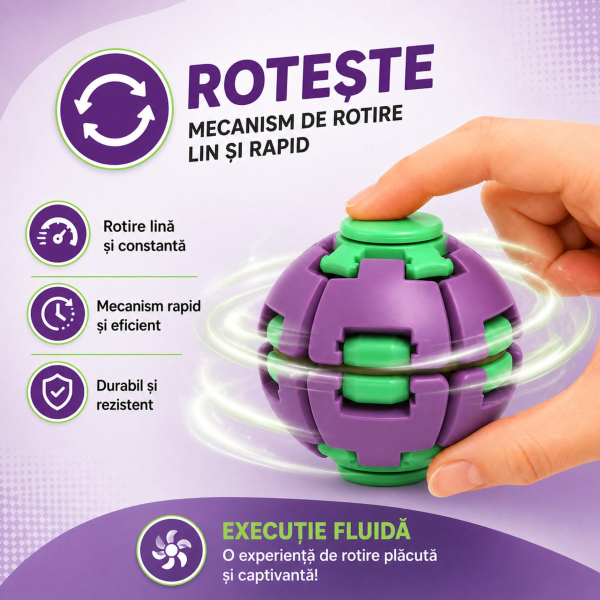 Jucarie Antistres Rotativa, Model Minge Push and Spin cu Structura 3D Interactiva, Plastic ABS, 6.3 cm, Albastru și Galben