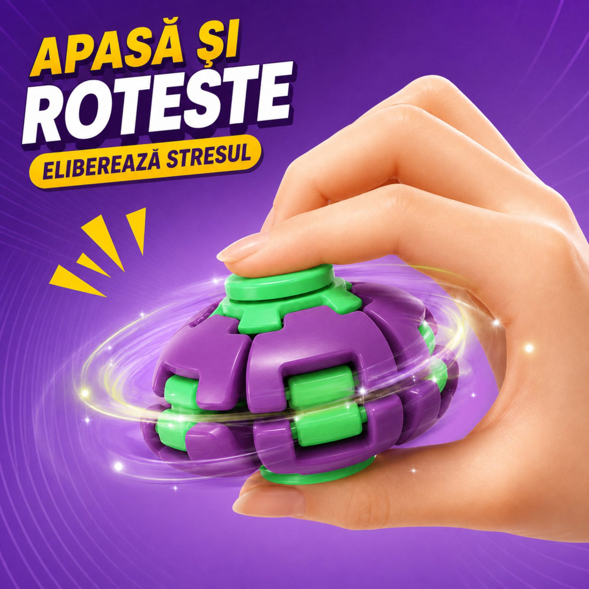 Jucarie Antistres Rotativa, Model Minge Push and Spin cu Structura 3D Interactiva, Plastic ABS, 6.3 cm, Albastru și Galben