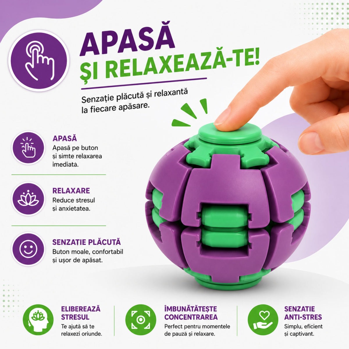 Jucarie Antistres Rotativa, Model Minge Push and Spin cu Structura 3D Interactiva, Plastic ABS, 6.3 cm, Albastru și Galben