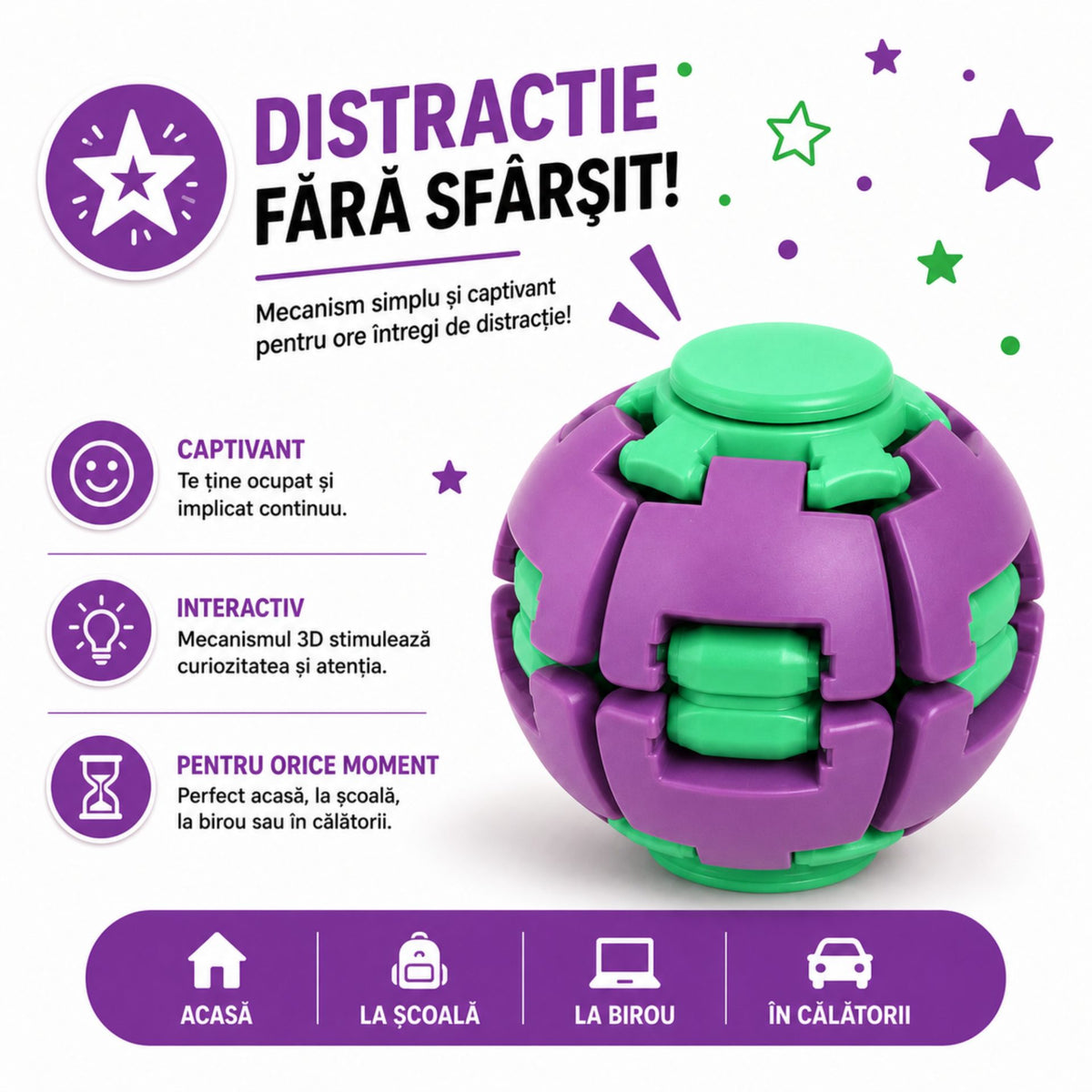 Jucarie Antistres Rotativa, Model Minge Push and Spin cu Structura 3D Interactiva, Plastic ABS, 6.3 cm, Albastru și Galben