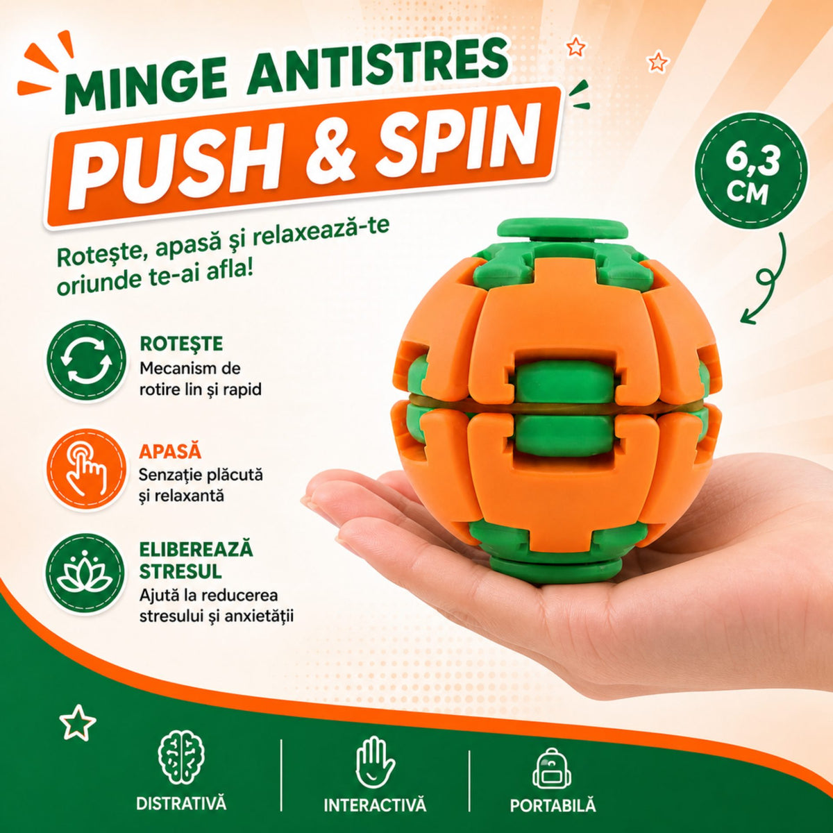 Jucarie Antistres Push and Spin, Structura 3D Interactiva, Plastic ABS, 6.3 cm, Portocaliu/Verde