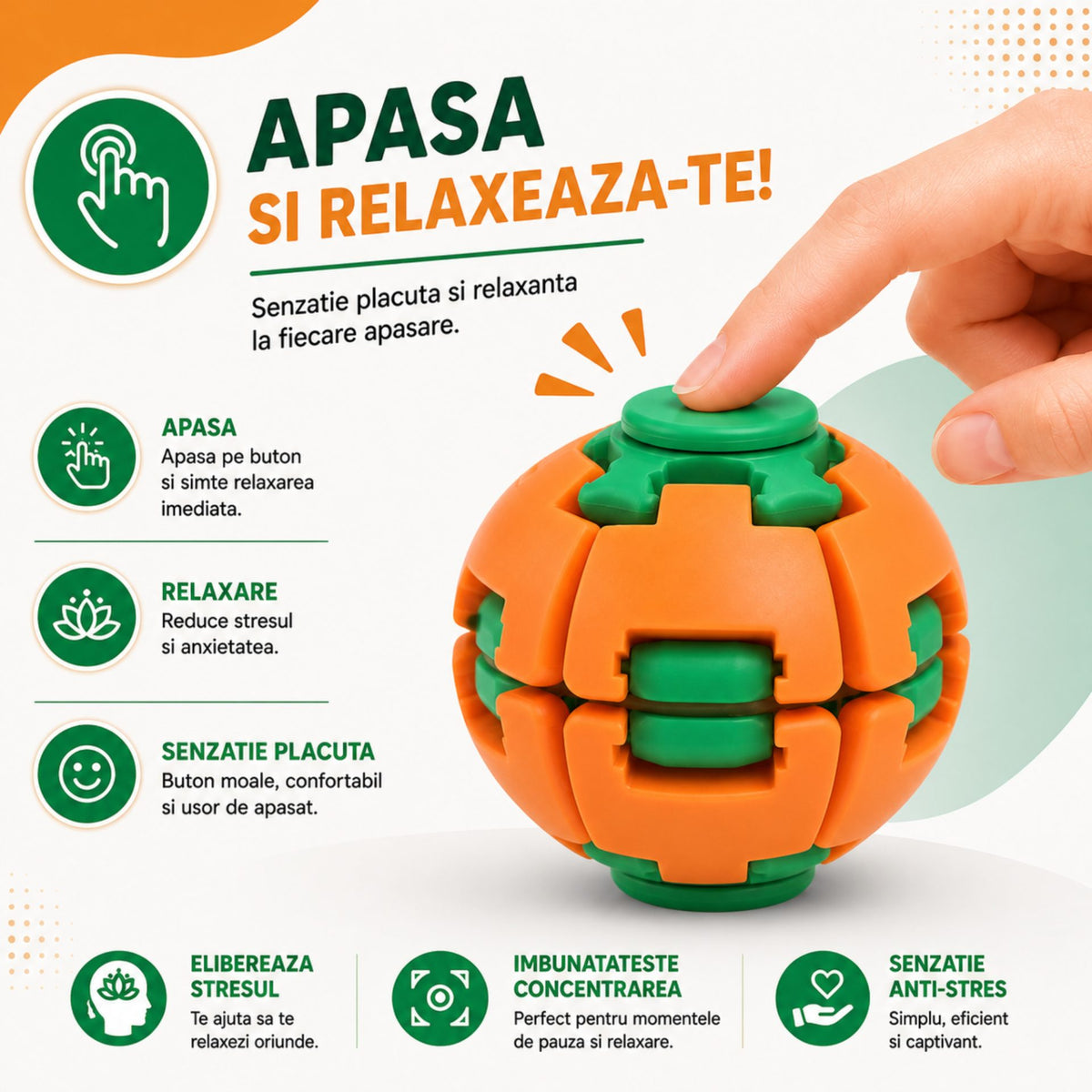 Jucarie Antistres Push and Spin, Structura 3D Interactiva, Plastic ABS, 6.3 cm, Portocaliu/Verde