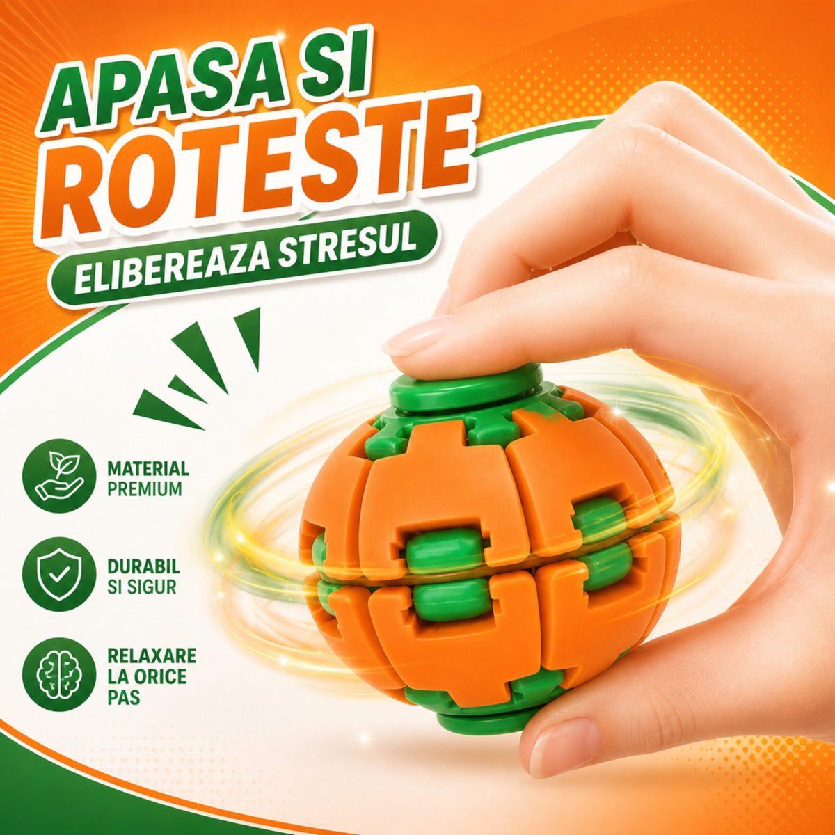 Jucarie Antistres Push and Spin, Structura 3D Interactiva, Plastic ABS, 6.3 cm, Portocaliu/Verde