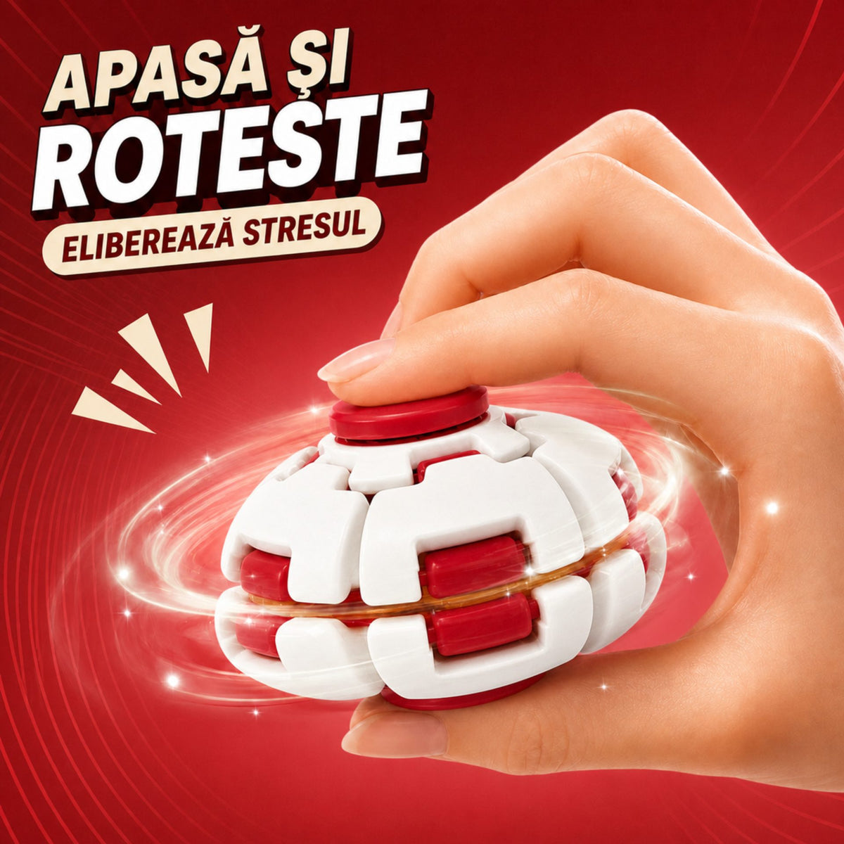 Jucarie Antistres Rotativa, Model Minge Push And Spin, Structura 3D Interactiva, Plastic ABS, 6.3x6 cm, Albastru Galben