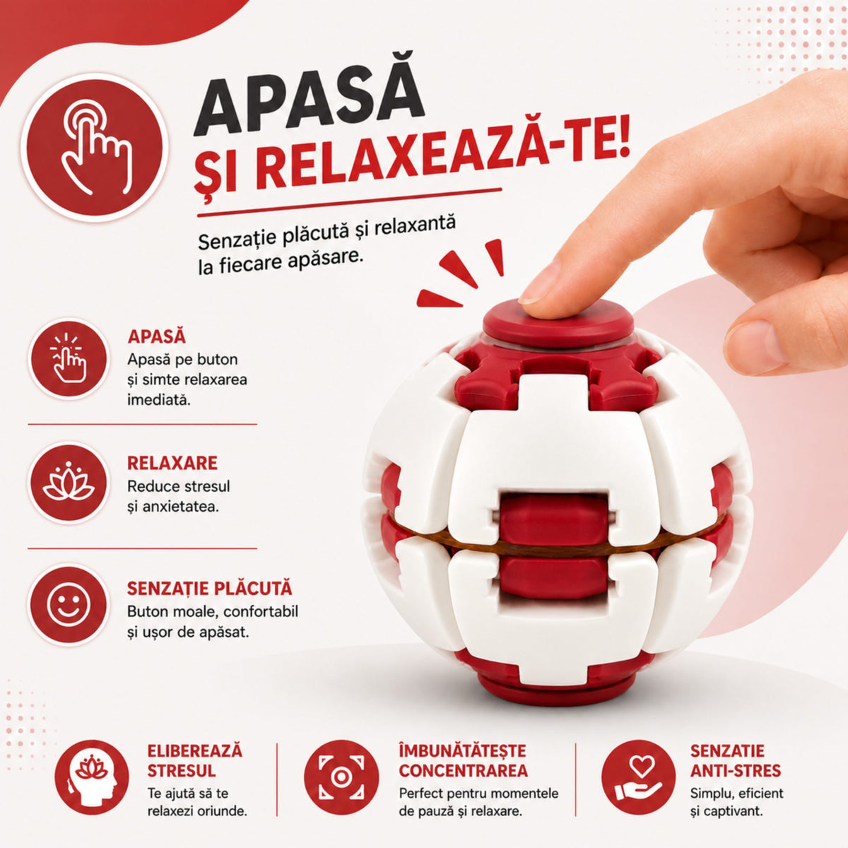 Jucarie Antistres Rotativa, Model Minge Push And Spin, Structura 3D Interactiva, Plastic ABS, 6.3x6 cm, Albastru Galben